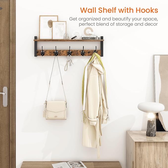 Coat Rack with Wall Mount, 24 Inch Long Entryway Wall Shelf with Hooks - Image 2