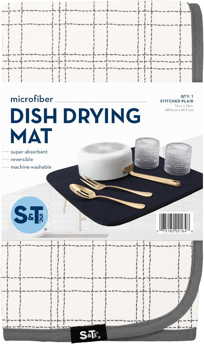 S&T INC. Dish Drying Mat, Stitched Plaid | Absorbent Microfiber, Kitchen - Image 8