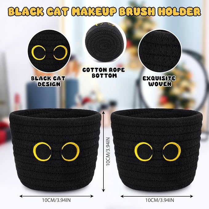 2 Pack Black Cat Makeup Brush Holder-Cute Cat Oval Mini Woven Basket - Image 2