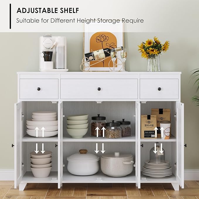 HIFIT Buffet Cabinet White Sideboard Storage Cabinet with 3 Drawers & 4 Doors Adjustable Shelves, 47” Modern Coffee Bar Cabinet, Wood Accent Cabinet for Kitchen Cupboard Dining Living Room