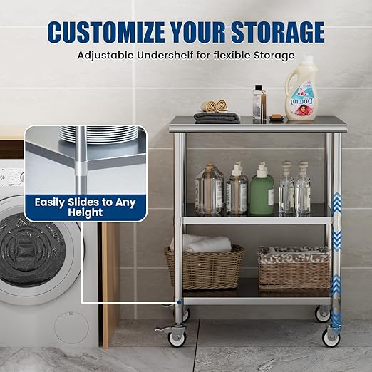 Stainless Steel Work Table with Wheels, 24x30 Inch NSF Kitchen Prep Table with 2 Adjustable Undershelves for Commercial Restaurant, Garage, Outdoor BBQ
