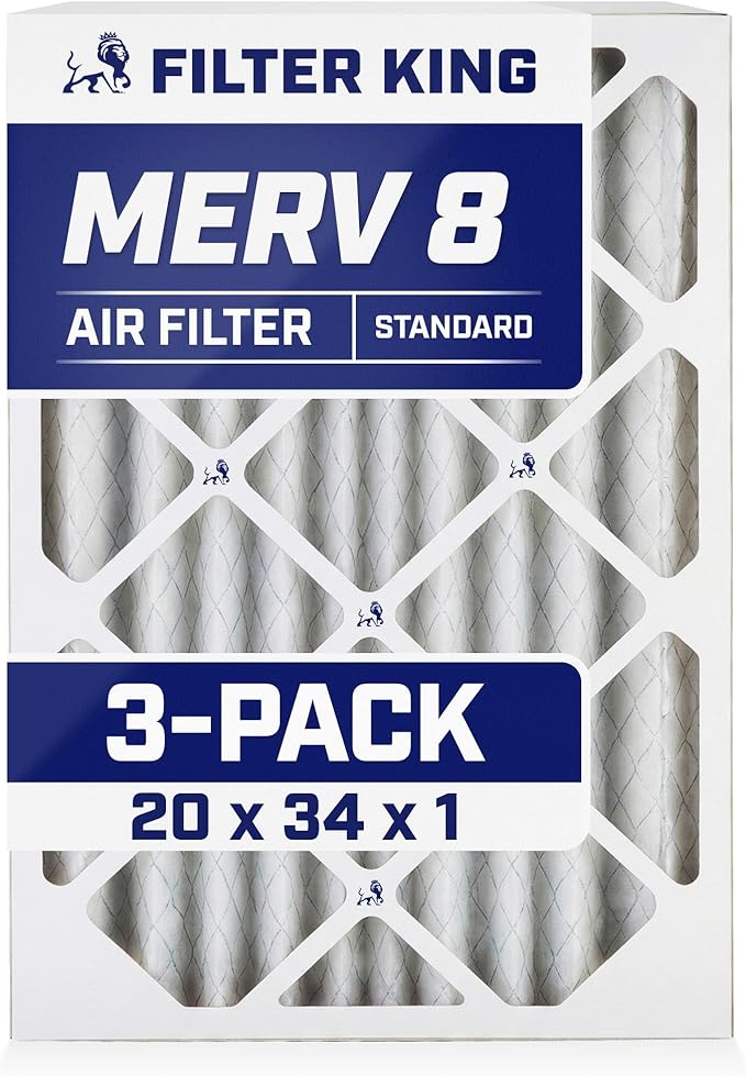 Filter King 20x34x1 Air Filter | 3-PACK | MERV 8 HVAC Pleated A/C Furnace Filters | MADE IN USA | Actual Size: 19.5 x 33.5 x .75"