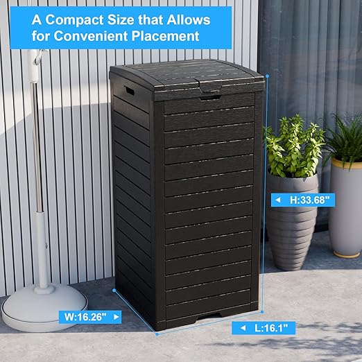 Outdoor Trash Can with Lid, Outdoor Trash Bin & Pull-Out Liquid Drawer, Dual Lid Closure Design, Waterproof Resin Garbage Can Container for Patio, Backyard, Deck (Black, 38Gallon)