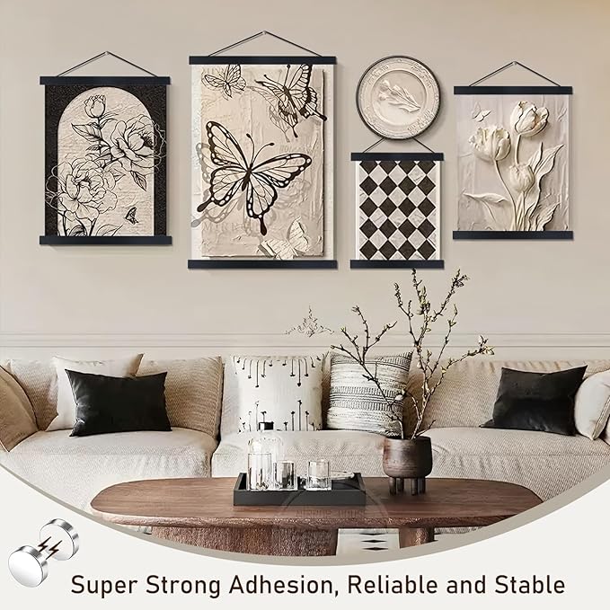 Artmag 2 Pack Magnetic Poster Hanger Frame, 47x36 47x30 47x60 Light Wood Wooden Magnet Canvas Artwork Print Dowel Poster Hangers Frames Hanging Kit (Black, 47", 2 Packs)