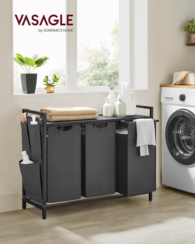 VASAGLE Laundry Hamper with Shelf, 3 Pull-Out Bags, 3 x 10.6 Gallons - Image 2