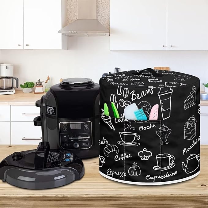 Dust Cover for Kitchen Appliance Accessories for 8 Quart Pressure Cooker Air Fryer Rice Cooker Dust Protection with Storage Pockets, Coffee Dessert Black
