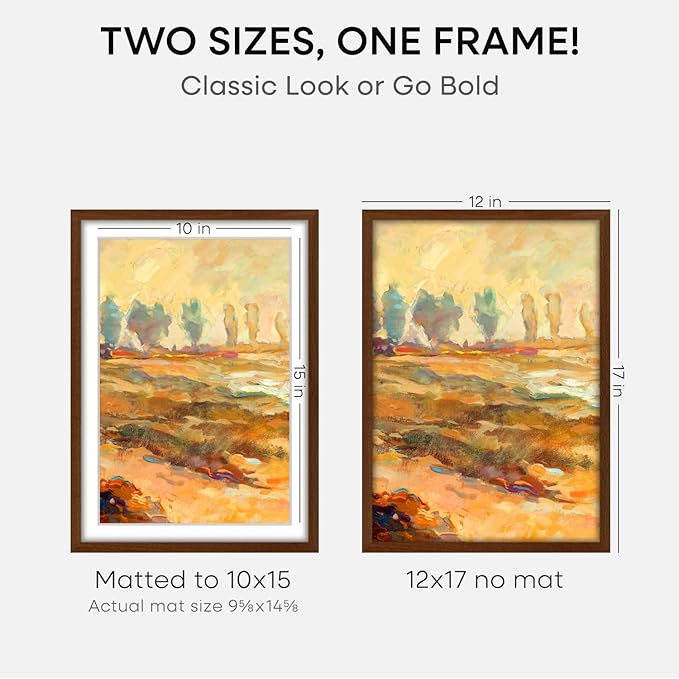 Homeforia 12x17 Picture Frame Brown, High End Dark Oak 12x17 Poster Wood Frame with Mat 10x15 for Photo, 12 x 17 Wooden Walnut Frame Matted to 10 x 15, 17x12 Frames, Tempered Glass, Wall Kit, Set of 3