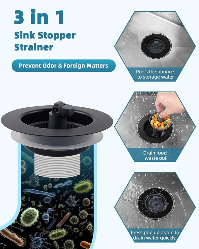 Universal 3 in 1 Kitchen Sink Drain Strainer Stopper Combo, Matteblack - Image 5