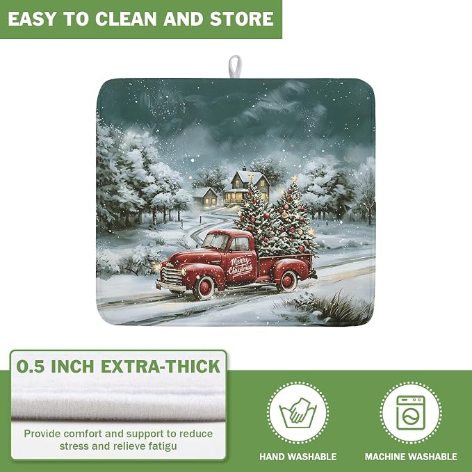 Merry Christmas Decorations Dish Drying Mat 16x18 Inch | Red Truck Xmas Tree - Image 5