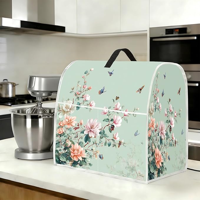 Stand mixer cover with handle and storage bag, reusable and washable, stylish retro floral design, keeps kitchen countertops clean and tidy (fits 6-8 quart mixers).
