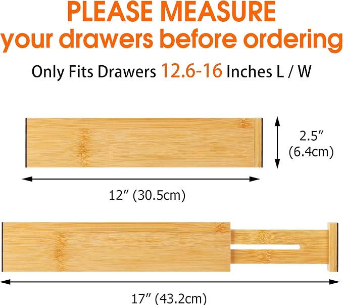 Bamboo Drawer Dividers, Adjustable Drawer Organizers, Fits 12.6–16" Drawers | - Image 2