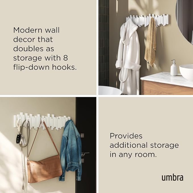 Umbra Sticks Wall Coat Rack, Wall Mount 8 Retractable Hooks, holds five pounds - Image 4