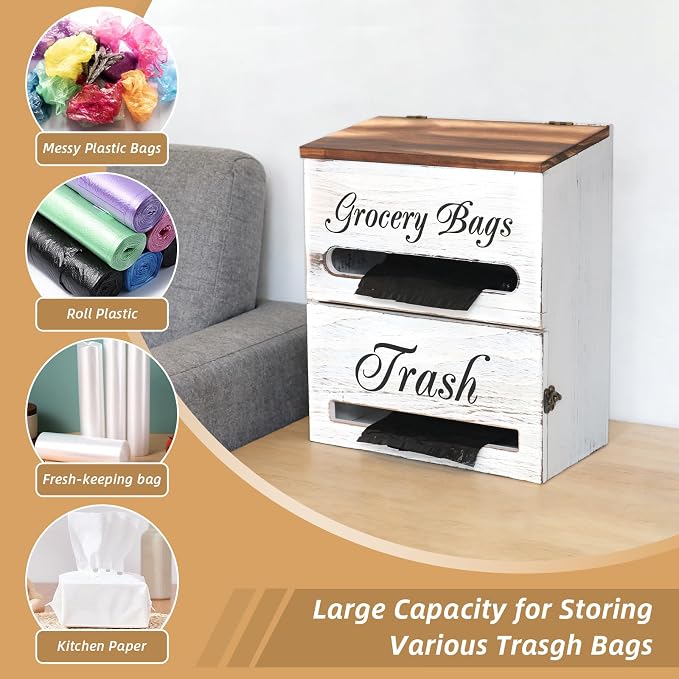 2 in 1 Trash Bag Dispenser, Double Wall Mounted, Wood Trash Bag Holder - Image 5