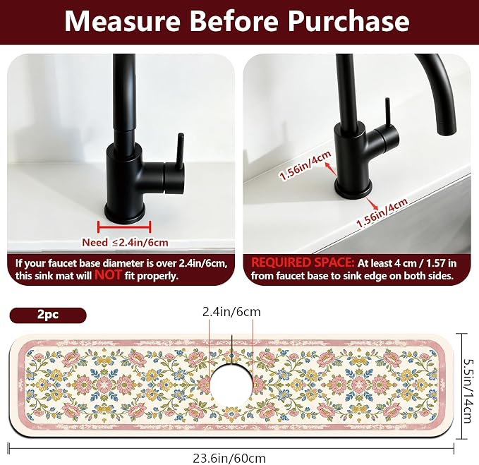 2Pcs Bohemian Floral Kitchen Sink Splash Guard Faucet Mat Vintage Pattern - Image 2