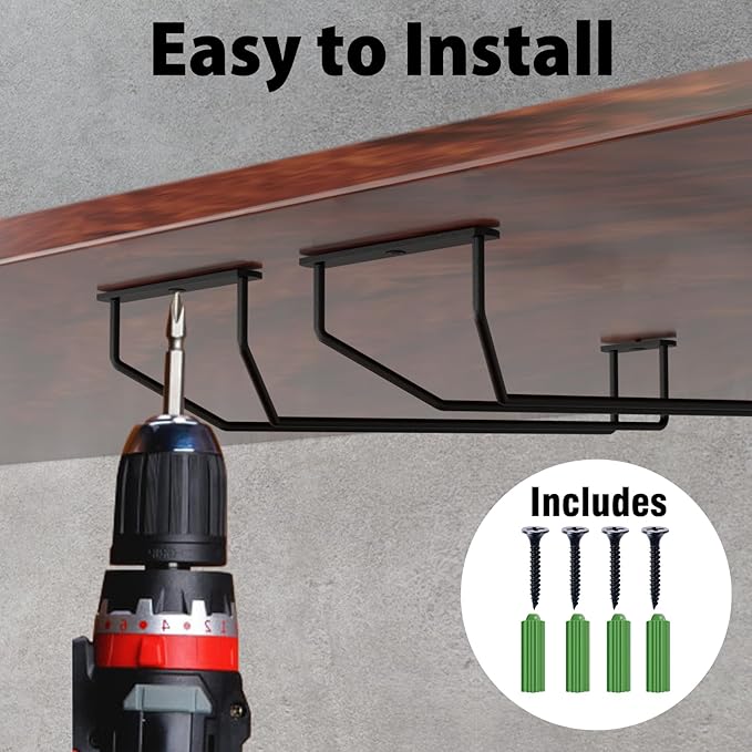 14-Inch Under Cabinet Wine Glass Holder - Metal Stemware Rack, Single Rail Hanging Rack for Kitchen Bar - Set of 4
