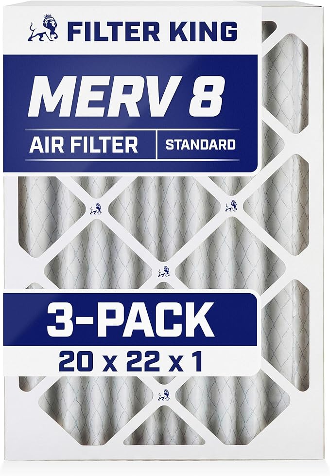 Filter King 20x22x1 Air Filter | 3-PACK | MERV 8 HVAC Pleated A/C Furnace Filters | MADE IN USA | Actual Size: 19.5 x 21.5 x .75"