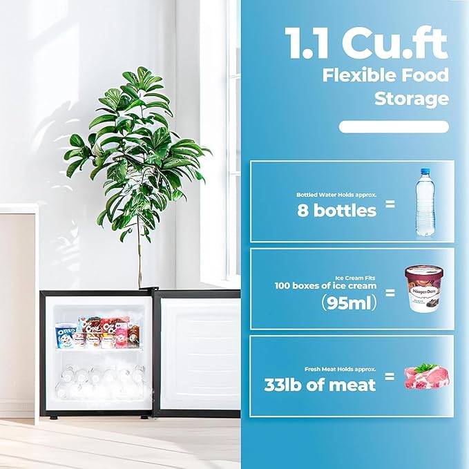1.1 Cu.ft Upright Freezer, Small Mini Freezer with Adjustable Thermostat, Removable Shelves, Reversible Single Door, for Bedroom/Home/Dorms/Apartment, Silver