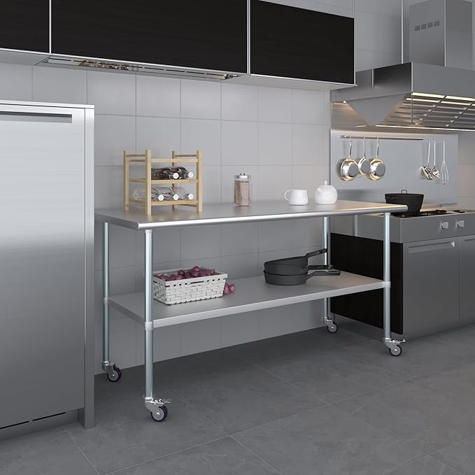 AmGood 72" Long x 30" Deep Stainless Steel Table with Casters