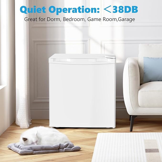1.7 Cu.ft Mini Fridge with Freezer, Compact Refrigerator, Single Reversible Door, Ultra Quiet, Energy Efficient for Office, Dorm, Bedroom, Apartment, White