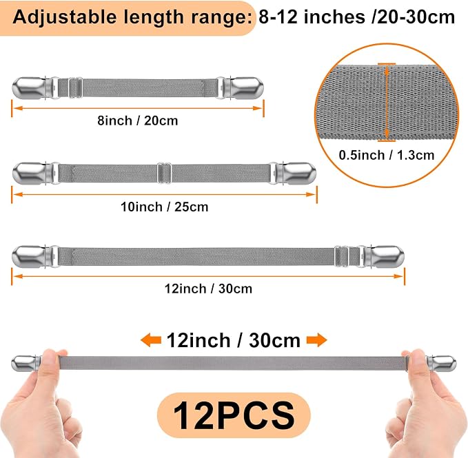 Boao 12 Pcs Bedsheet Strap Elastic Clip, 8-12 Inch Length | Sturdy Metal Clips - Image 3