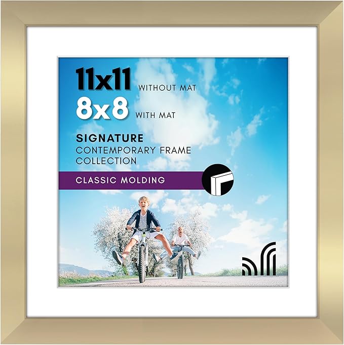 Americanflat 11x11 Picture Frame with Shatter-Resistant Glass - Use as 8x8 Frame with Mat or Display 11x11 Photo Without Mat - Signature Collection - Square Frames for Wall Display - Gold