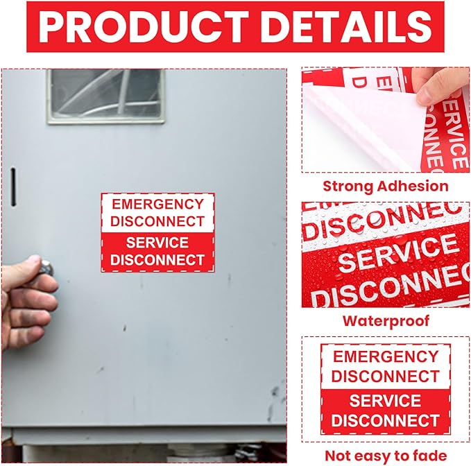 LEIFIDE 12 Pack NEC Compliant Emergency Disconnect Sticker 5"x 3.5" Emergency Disconnect Service Warning Sticker Shut Off Sign Uv-Resistant Electric Panel Labels Vinyl Waterproof for Indoor Outdoor