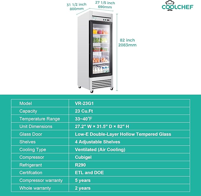 27" Commercial Glass Door Refrigerator, 23 Cu.Ft Single Door Reach-In Cooler, 33-40℉, Low-E Tempered Double Glass, 4 Shelves, R290