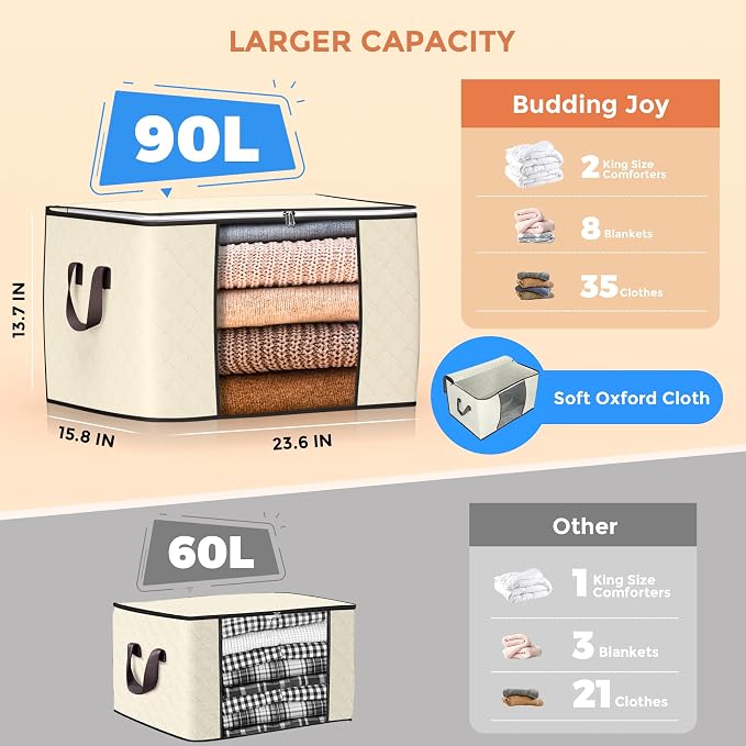 90L Large Storage Bags, 6 Pack Clothes Storage Bins Closet Organizers | - Image 2