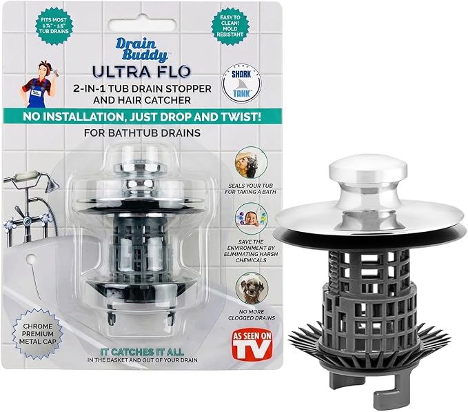 Drain Buddy Ultra Flo No Installation 2 in 1 Clog Preventing Tub Drain Stopper by Drainstrain