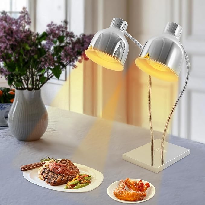 Food Heat Lamp Warmer Silver, 500W Double Bulbs Buffet Display Heating Preservation Light, Electric Portable Infrared Heating Lamp with 360°Adjustable Head (Silver)