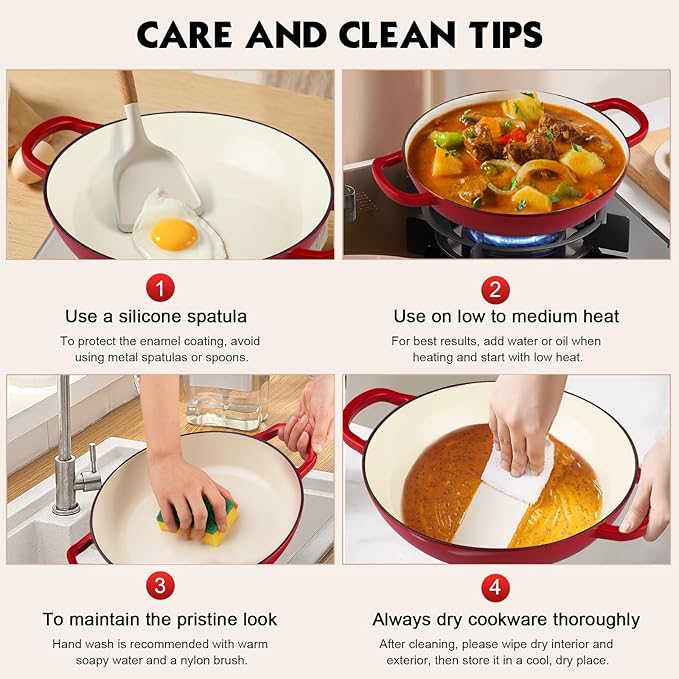 Overmont Enameled Cast Iron Dutch Oven - 3.8 Quart Dutch Oven Pot with Lid - Shallow Cookware Braising Pan - Cast iron Casserole with Cookbook & Heat-resistant Caps - Oven Safe up to 500° F