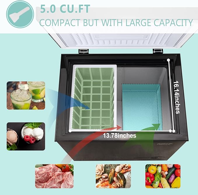 Compact Chest Freezer with Removable Basket, 5.0 Cu.ft Top Door Open Freestanding Deep Freezer with 7-Level Temperature Adjustment, Ideal for Home, Kitchen & Office, Black