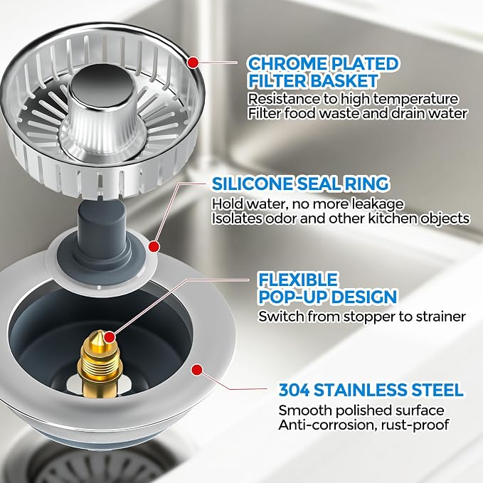 zaa 3 in 1 Kitchen Sink Drain Strainer Stopper Removable Basket Pop-Up - Image 6