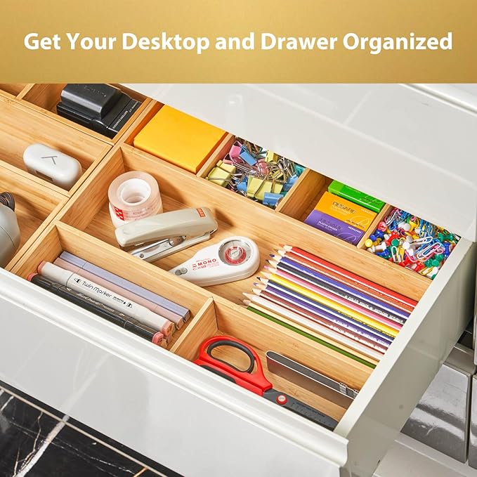 Large Bamboo Desk Drawer Organizer, Wood Office Junk Tray - Image 3