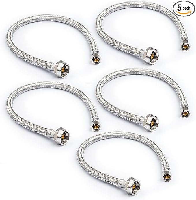 Stainless Steel Braided Water Connectors with Reinforced PVC Inner Hose for Toilets, 3/8" Compression x 7/8" Metal Ballcock, 16" Length (5Pack)