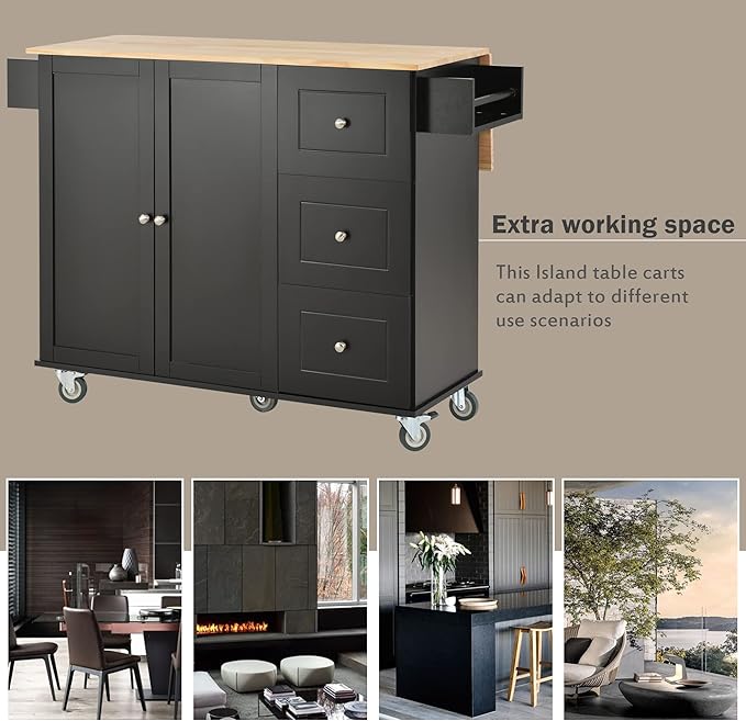 Favfurish 52.7" Rolling Mobile Kitchen Island Cart with Drop Leaf Wood Top, Adjustable Shelves Coffee Bar Trolley on Lockable Casters & Storage Cabinet & 3 Drawers for Dining Room, Black