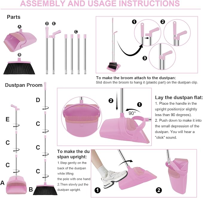 Pink Broom and Dustpan Combo Set, Kitchens & Tight Spaces, Built-in Comb Dustpan - Image 9