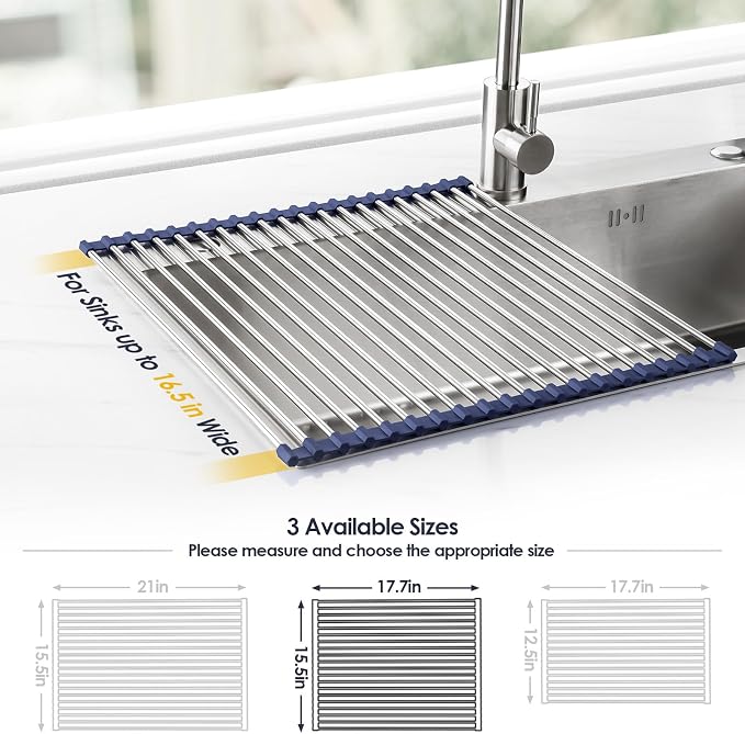 Tomorotec Roll Up Dish Drying Rack Over Sink, 304 Steel, Indigo | Anti-Slip - Image 4