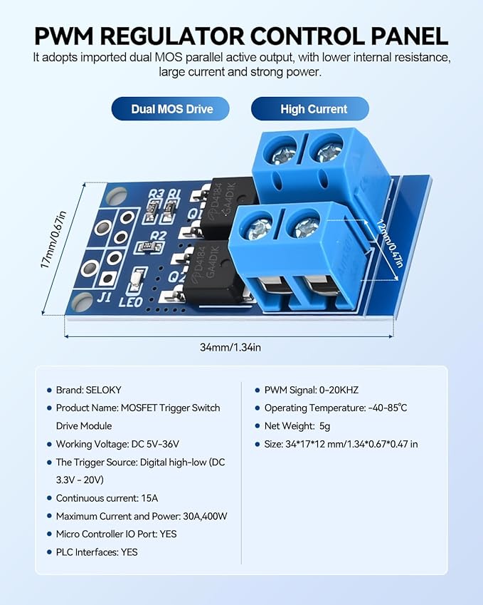 3PCS Dual High-Power MOSFET Trigger Switch Drive Module 0-20KHz PWM Adjustment Electronic Switch Control Board Motor Speed Controller Lamp Brightness Control, DC 5V-36V 400W, 15A (Max 30A)