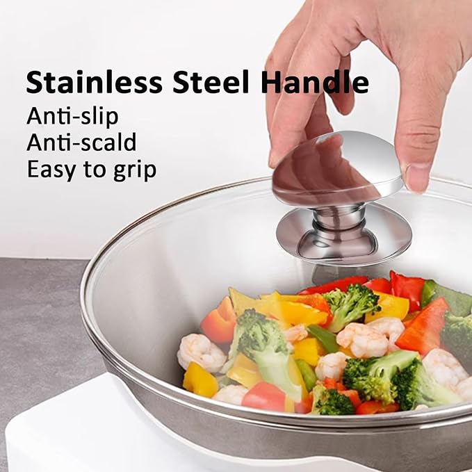Glass Lid For Pots, Pans and Skillets, Clear tempered Glass Lid Replacement with Vent For Frying Pan, Stock Pot, Cast iron skillet, 8, 9.5, 10.25, 11, 12, 12.5, 13.5 and 14 Inch Stainless Steel cover