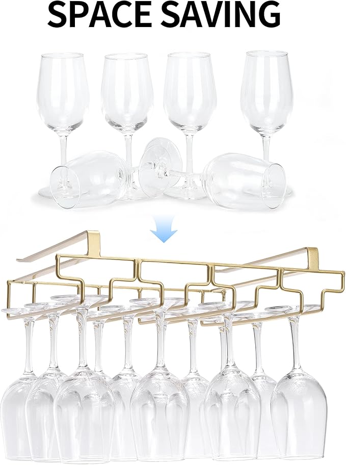 Wine Glass Rack Under Cabinet, Drilling Free No Screw Steamware Holder Under Shelf Metal Wine Glasses Holders 304 Stainless Steel Hanger Storage Organizer Hanging Glass Fit for Bar Kitchen 4 Rows Gold