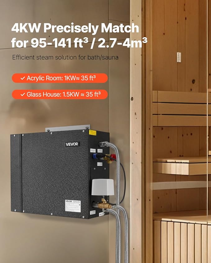 VEVOR Steam Generator, 4 kW Steam Shower System with Controller for Home Sauna Bath Spa, Commercial Auto Drain Kit with Overheat, Dry-Run & Overpressure Protection, 10 Min to 24h Efficient, Black