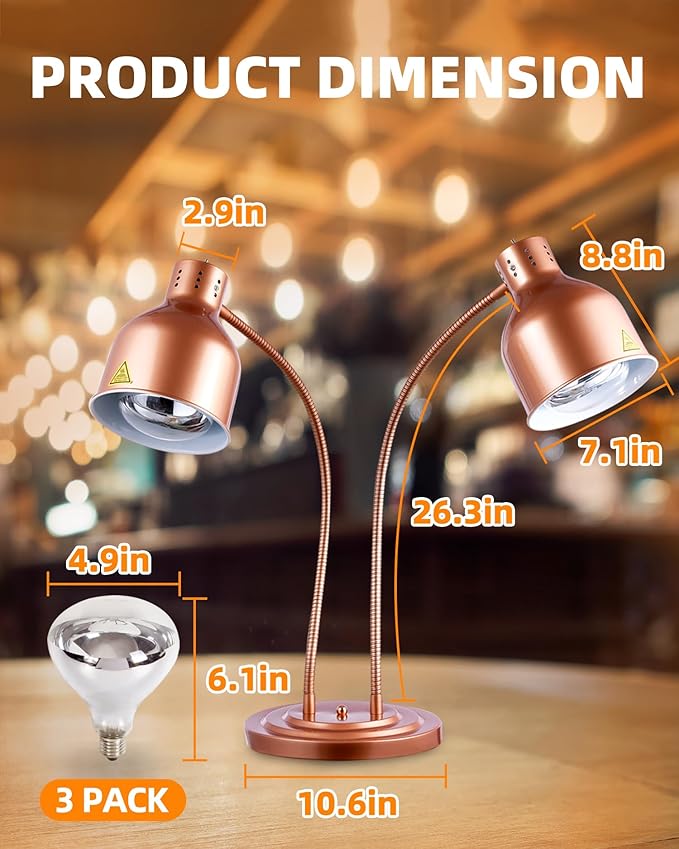 Food Heat Lamp: [Rapid-Heating Bulbs Included] [Steady Heating] Commercial Food Warmer Lamp, Electric Heat Lamp for Food Catering Food Warming Lamp for Buffet Parties (Painted Copper, 32" (2-Head))