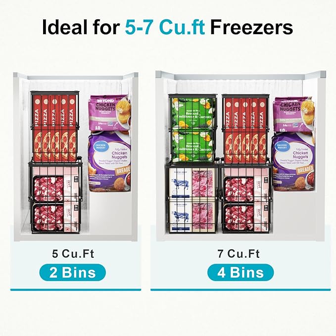 iSPECLE Freezer Organizer Bins - 2 Pack Large Adjustable Deep Freezer Organizer Bins for 5 to 7 Cu.Ft Chest Freezer, Stackable No Wasted Space, Easily Access Pizza (≤12“) without Digging, Black