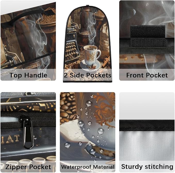 Kitchen Aid Mixer Cover Retro Coffee Bean Pattern Stand Mixer Cover Compatible with 6-8 Quarts Stand Mixers, Dust Covers with Zipper Pocket Foldable Washable Kitchen Aid Organizer Bag