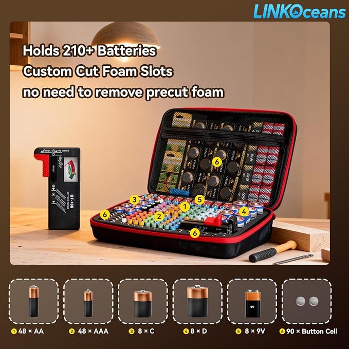 Battery Organizer with BT-168 Tester, EVA Storage Case | 210+ AA AAA C D 9V - Image 3