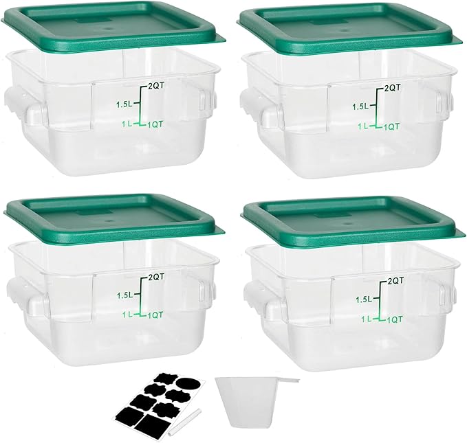 4 Pack Food Storage Containers, 2 Quart with Lids, Square Commercial Containers with Scale, NSF, Polycarbonate, Clear