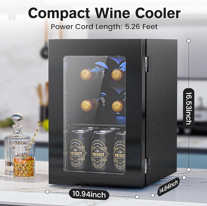 Wine Cooler Refrigerator with Glass Door, Mini Wine Fridge for Red, White and Champagne, Built-in Wine Cellar, 40-61F Digital Temperature Control, Indoor Use