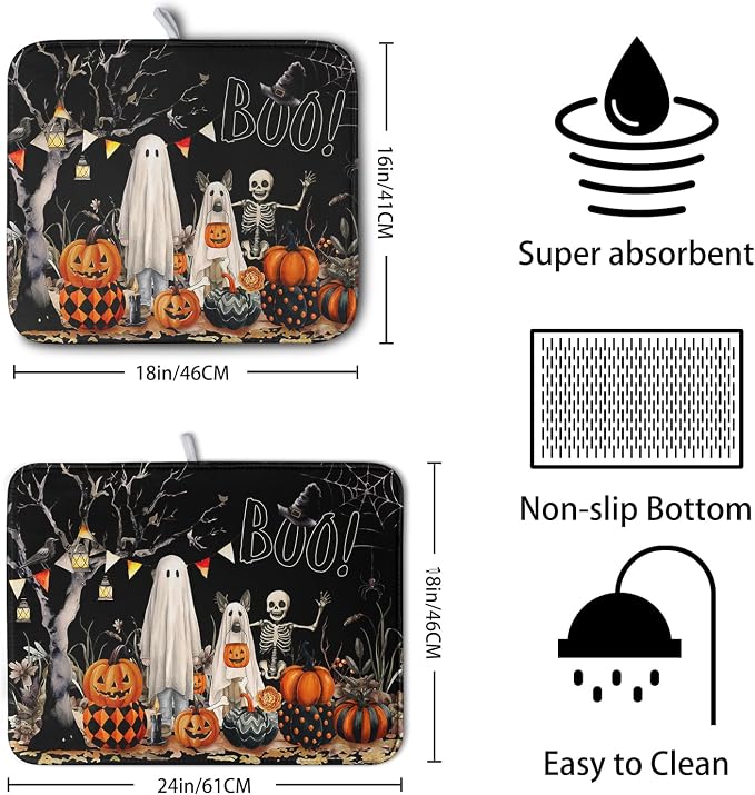 Halloween Dish Drying Mat for Kitchen Counter 16x18 Inch Black Ghost Pumpkins - Image 2