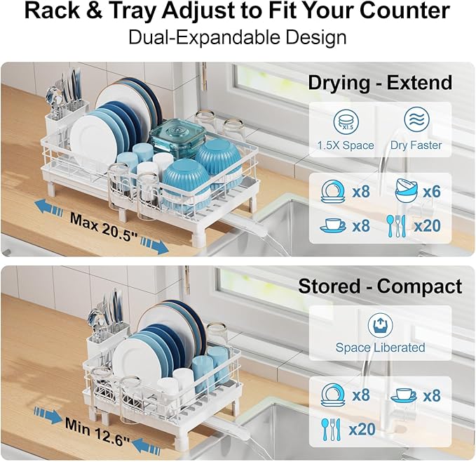 GSlife Expandable Dish Drying Rack for Kitchen Counter - Compact Rust-Resistant Dish Racks with and Cup Holder for Small Apartment, 12.2" W x 12"-19.5" L, White